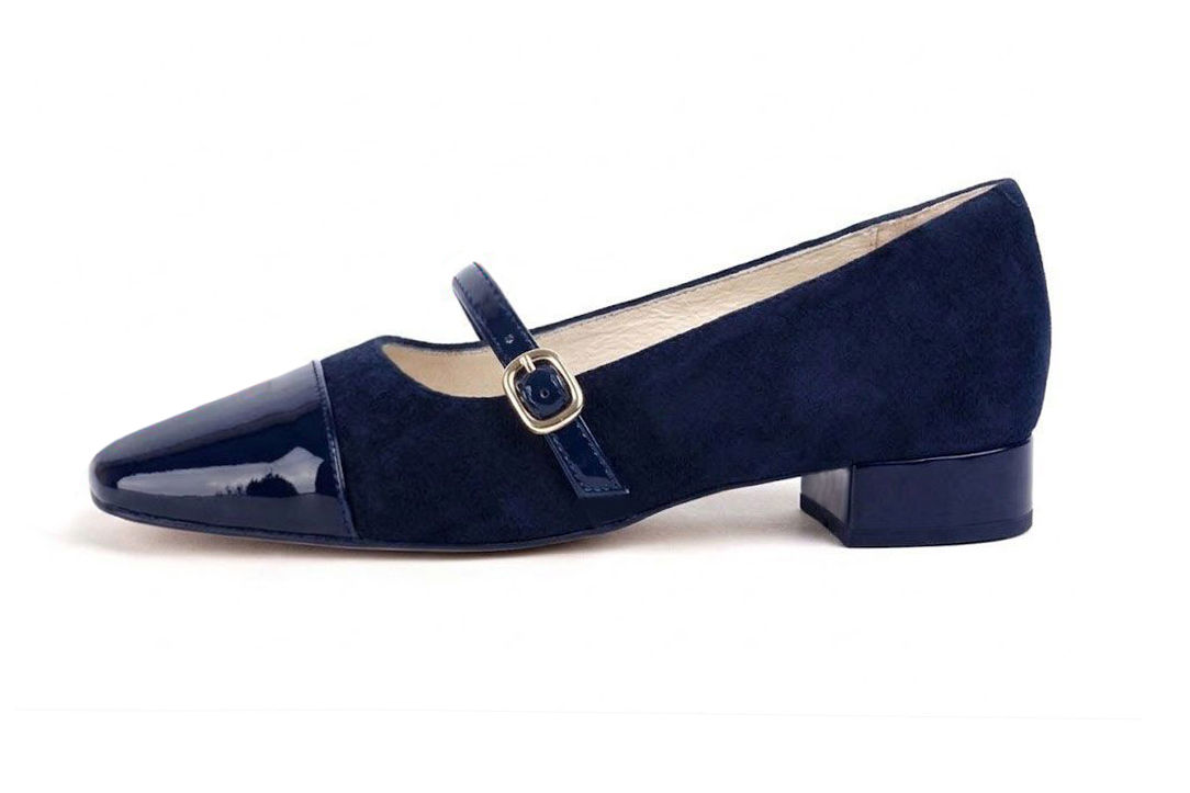 Women's navy blue low-heel ballet flats with square toe and low block heel - Profile view